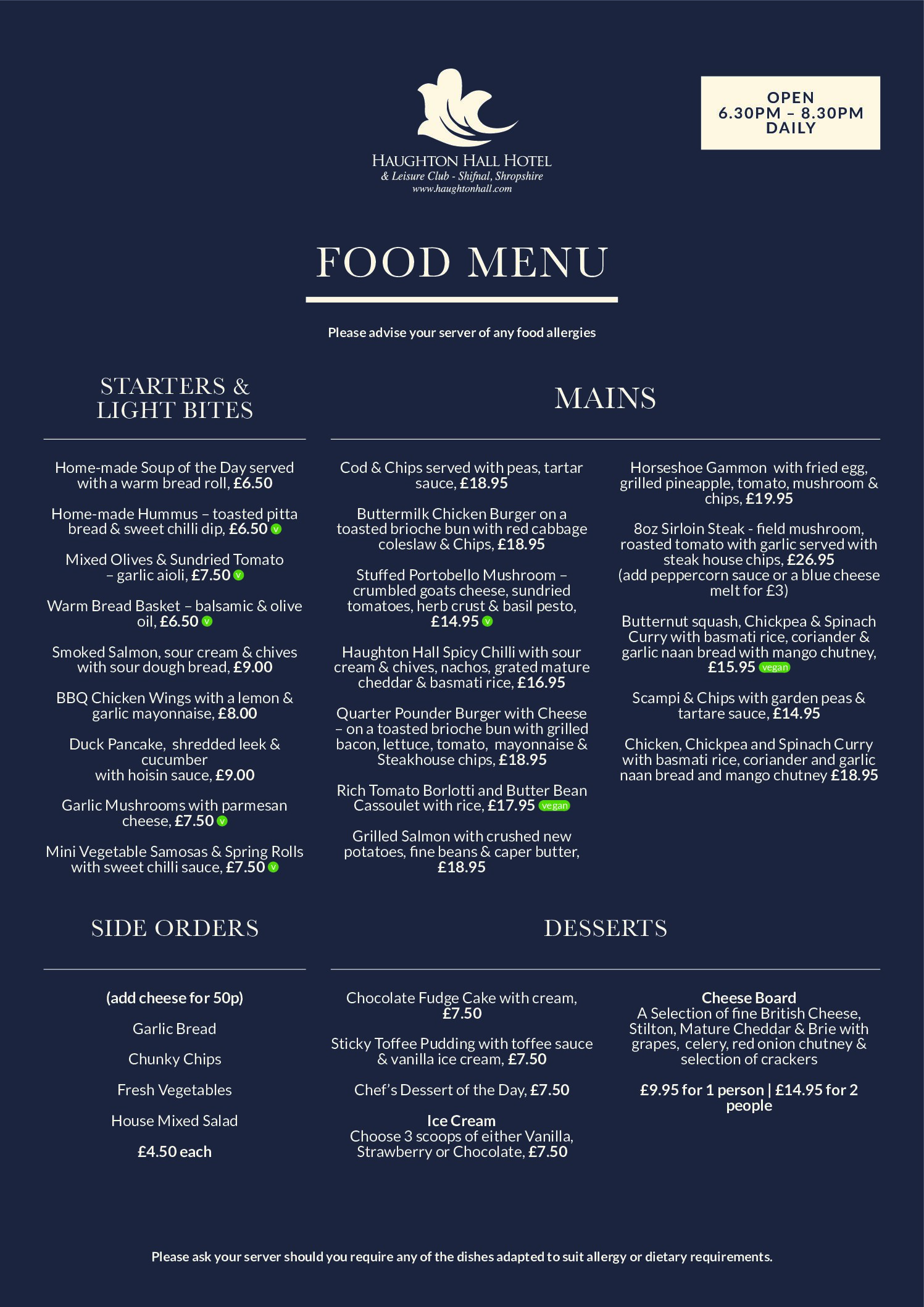 Olivers Restaurant Menu